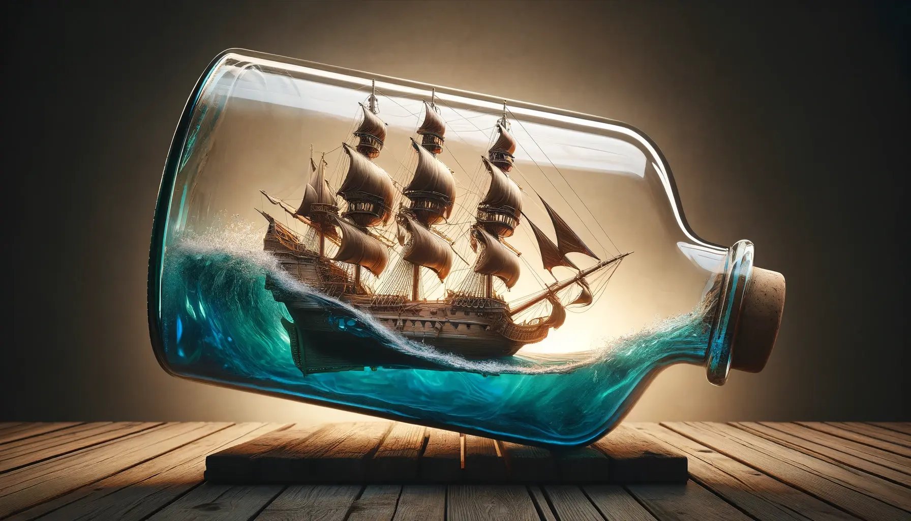 DALL·E 2024-05-13 12.19.25 - A panoramic banner-style image depicting an elaborate galleon inside a large, elongated glass bottle, placed on a rustic wooden plank. The glass is cr DALL·E 2024-05-13 12.19.25 - A panoramic banner-style image depicting an elaborate galleon inside a large, elongated glass bottle, placed on a rustic wooden plank. The glass is cr